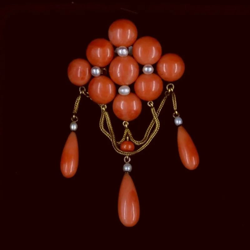 Broche-pendentif corail et perles fines Napoléon III
