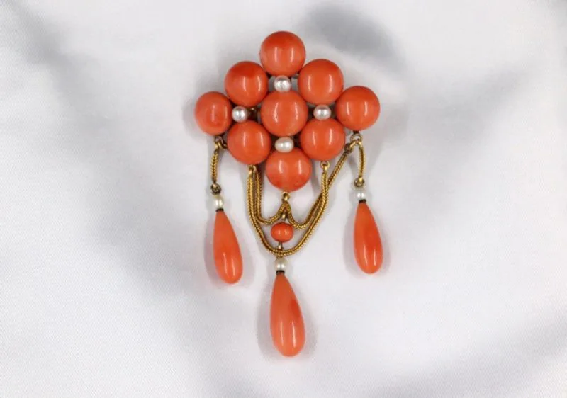 Broche-pendentif corail et perles fines Napoléon III