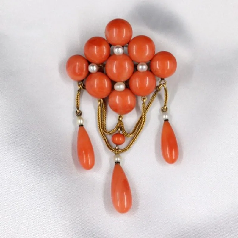 Broche-pendentif corail et perles fines Napoléon III