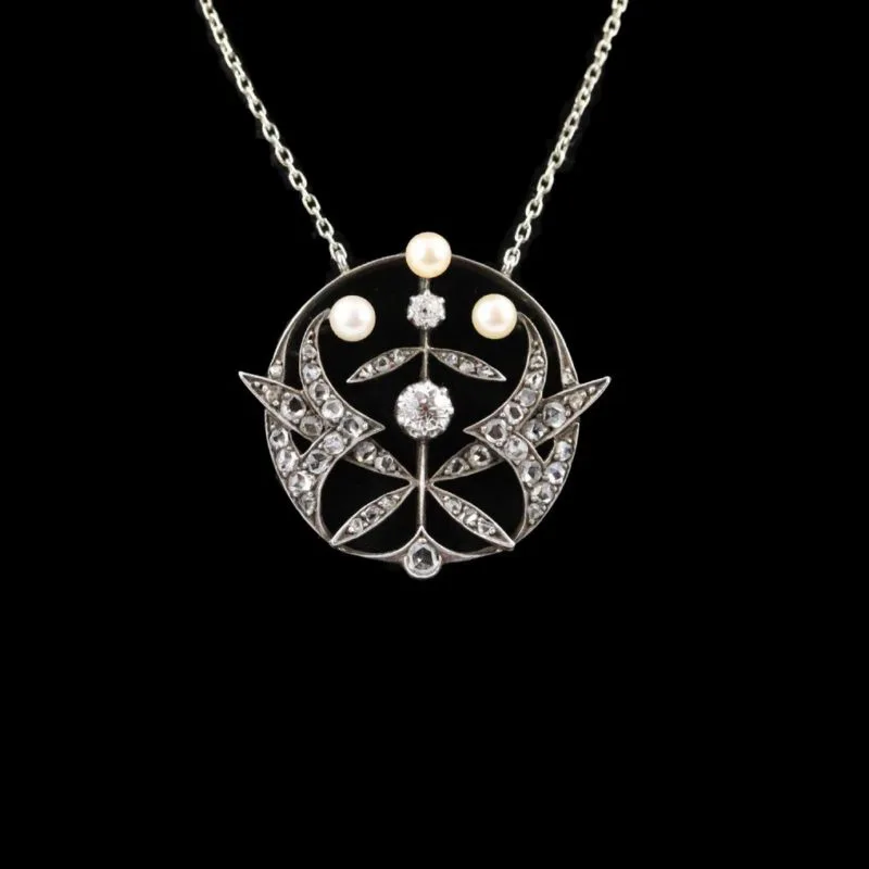 Magnifique collier pendentif fin XIX diamants et perles fines