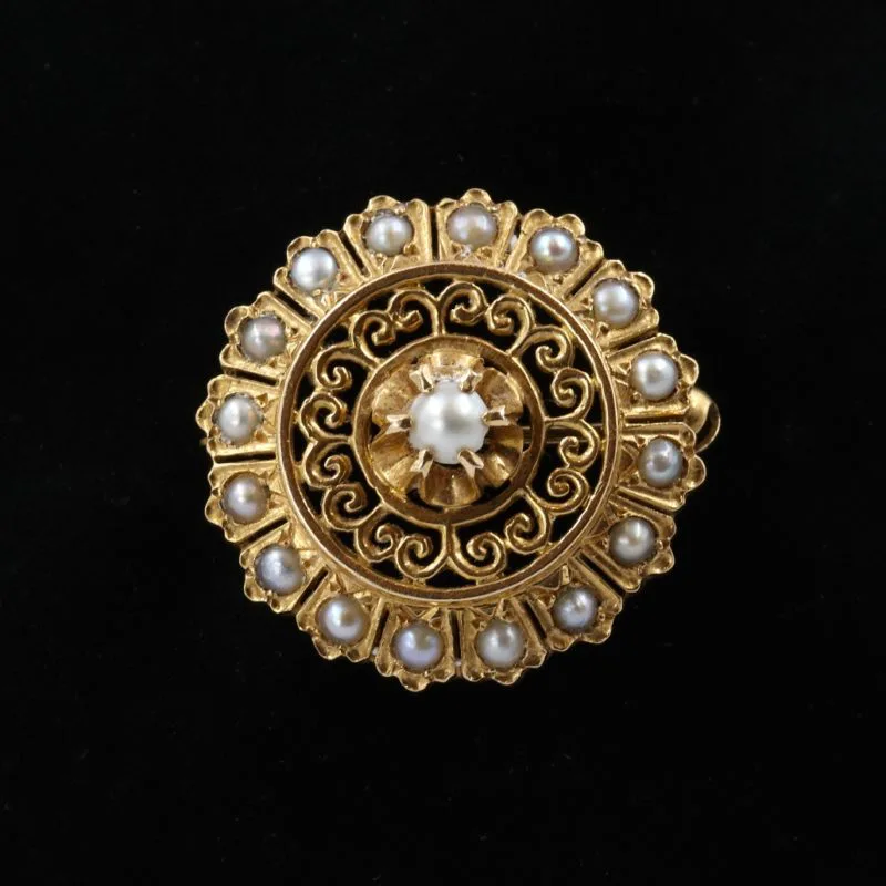 Broche ronde or et perles fines