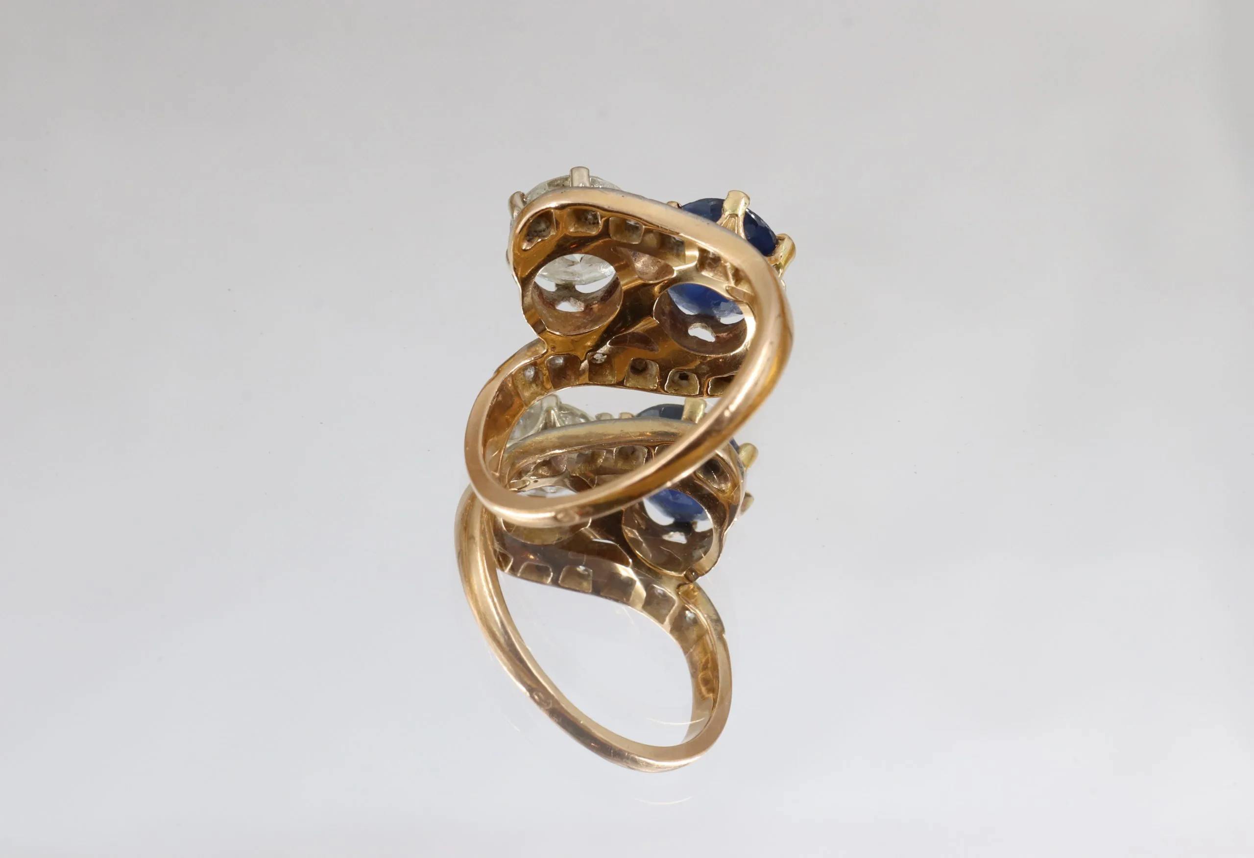 Bague Or 18 Carats Jaune - Style Toi Et Moi Avec Saphirs Et Diamants - Taille 60 - 3,38g