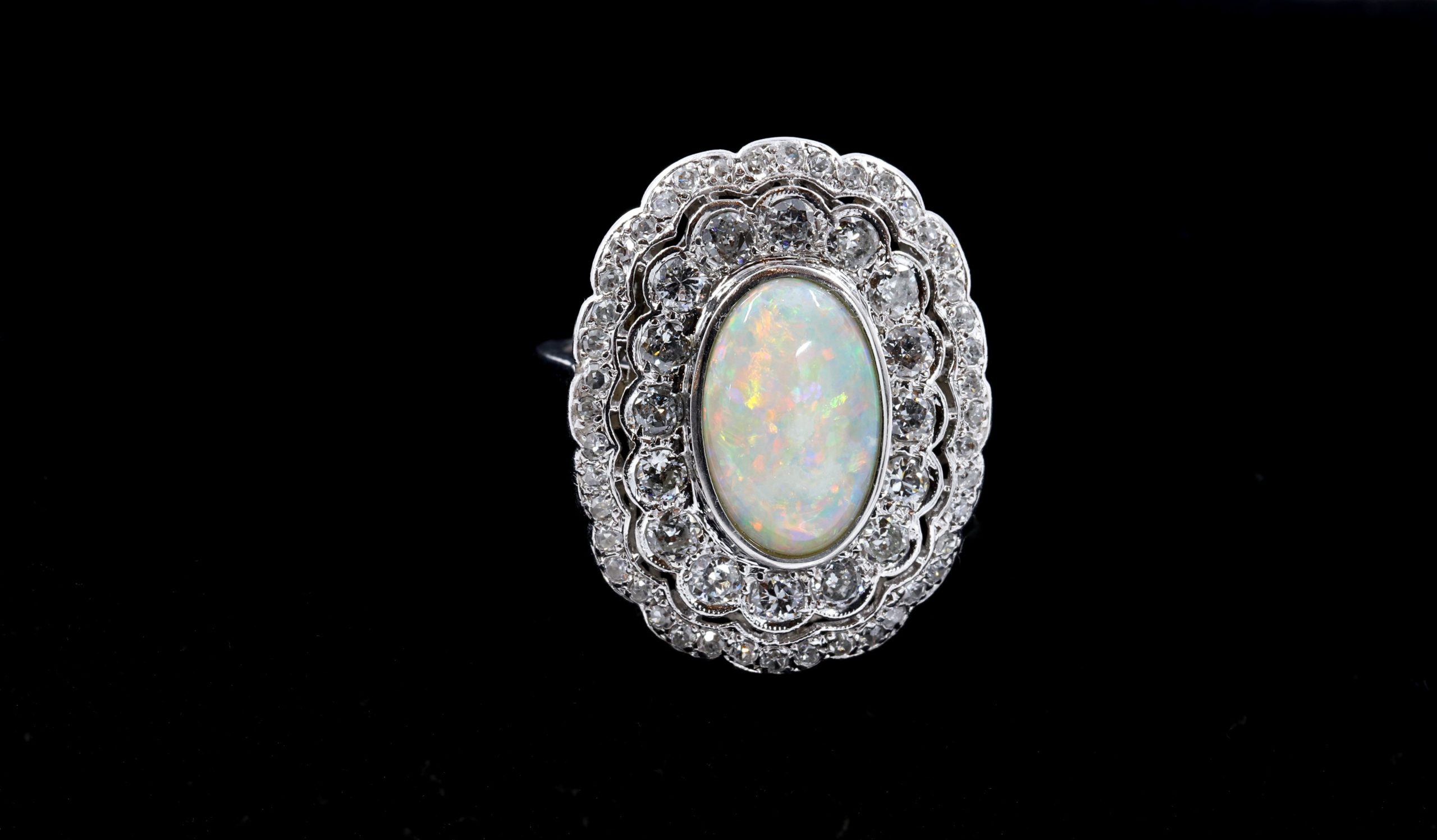Bague En Platine Avec Opale De Feu Mexicaine Et Diamants - Taille 6,5 - PT900 - Occasion