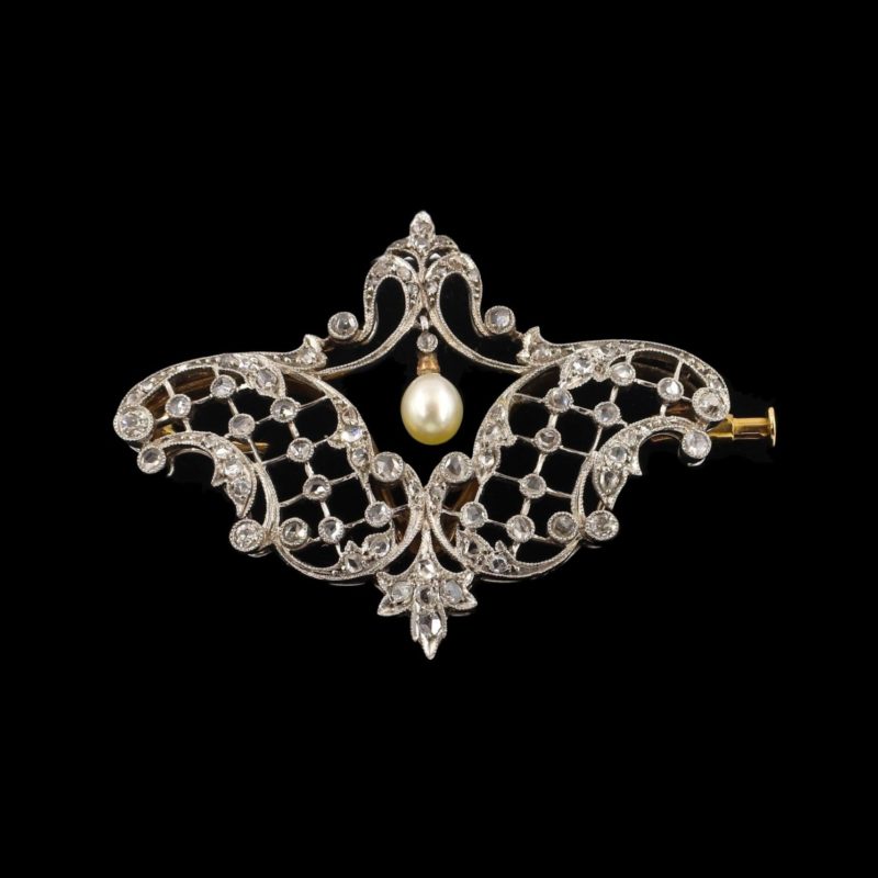 Broche années 30 diamants et perle