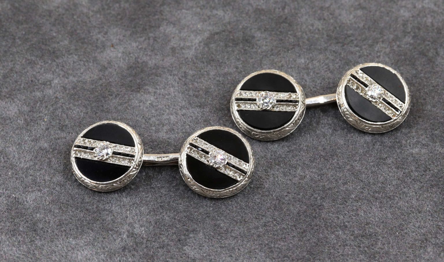 Boutons De Manchette Art Déco En Or Jaune 14k Avec Diamants Naturels - Occasion Restaurée