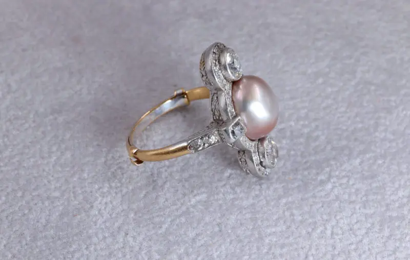 Bague platine perle fine et diamants – Image 2