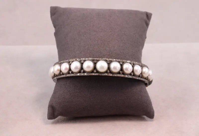 Bracelet argent noirci, diamants et perles d'eau douce