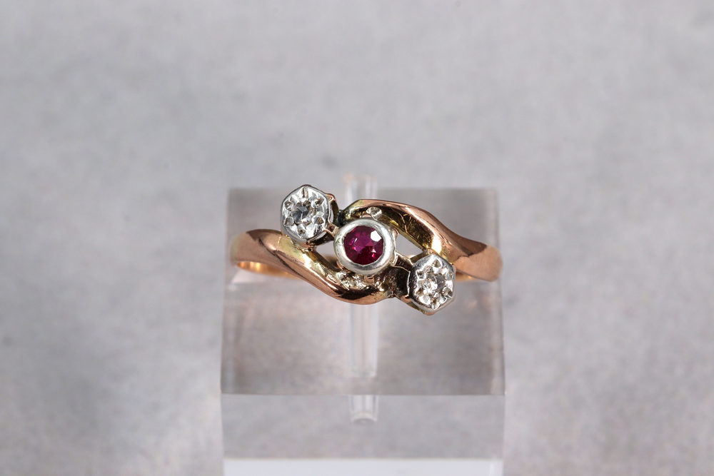 Bague Antique Art Nouveau Or Rose 18k Rubis Et Perle - Taille 51 - Circa 1900