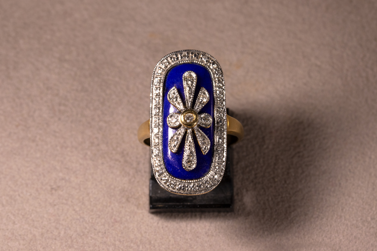Bague Vintage émail Bleu Et Or - Taille 55/56 - Avec Cristaux - Bon état