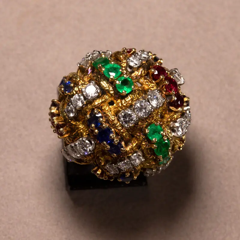 Bague boule années 1980 pierres précieuses