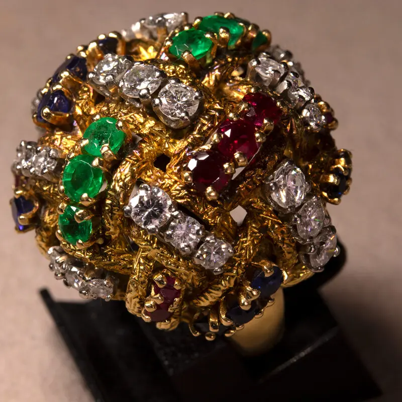 Bague boule années 1980 pierres précieuses